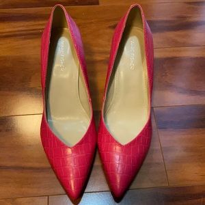Pink faux crocodile block heels